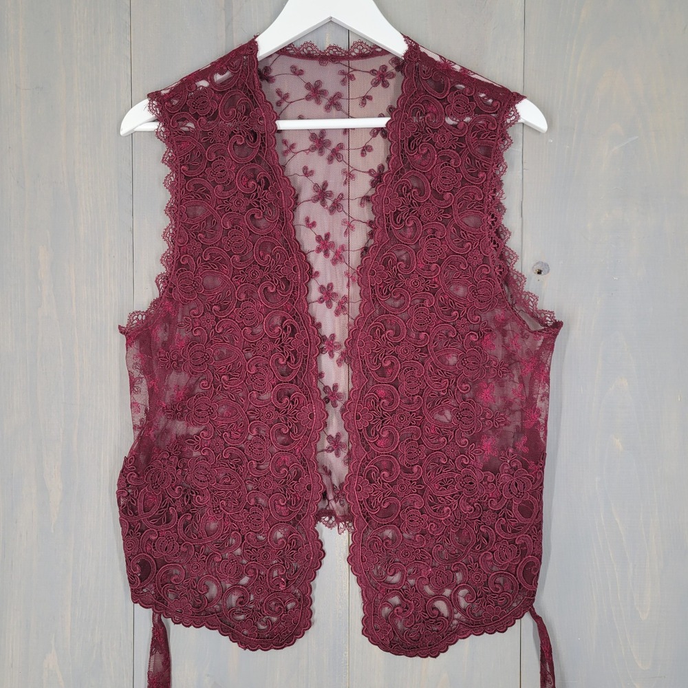 Karen Kane Lifestyle Vest Womens S Burgundy Red Floral Lace Mesh Tie Back USA